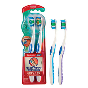 קולגייט 360 זוג מברשות שיניים סיבים מדיום לניקוי יסודי